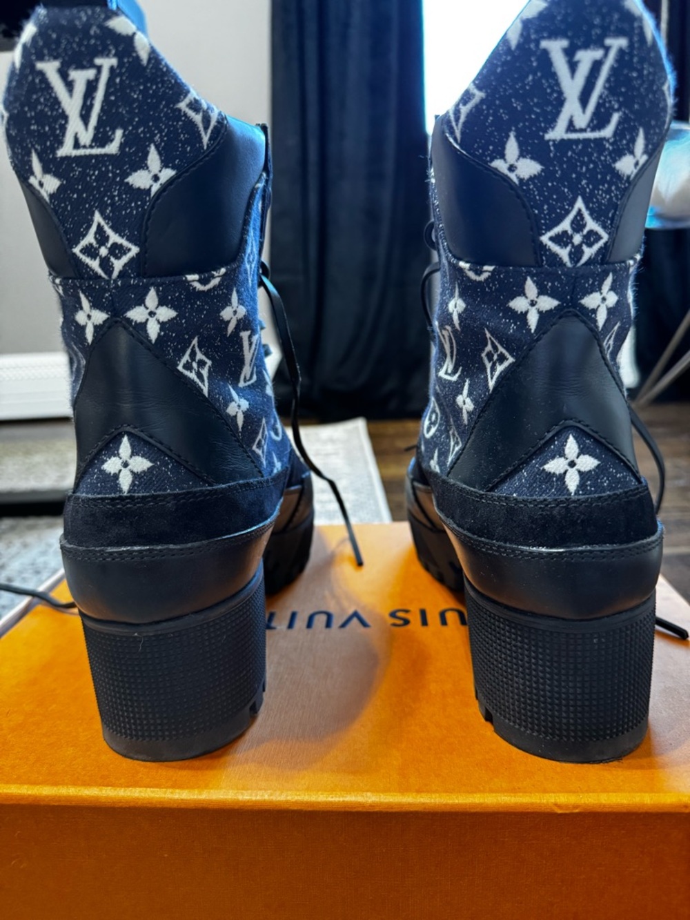 Louis Vuitton Blue and White Monogram Lug Lace-Up Boots. Worn twice - Picture 5 of 8